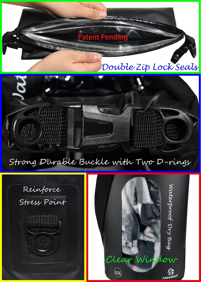Freegrace Waterproof Dry Bags Set Of 3 Dry Bag With 2 Zip Lock Seals & Detachable Shoulder Strap, Waist Pouch & Phone Case - Can Be Submerged Into Water - For Swimming (Black(Window), 5L) - Image 3